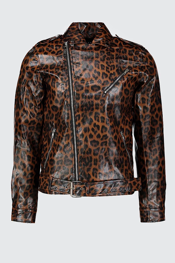 Faux Leather Biker jacket In Leopard Print | boohooMAN USA