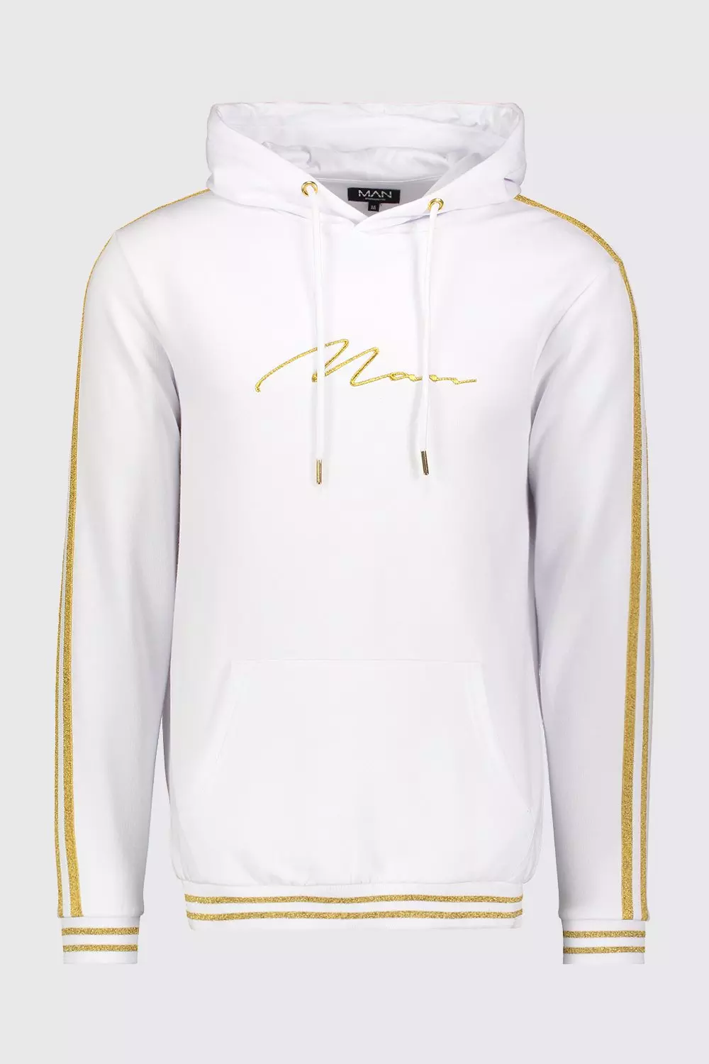 White Gold MAN Signature Hoodie With Tape boohooMAN USA