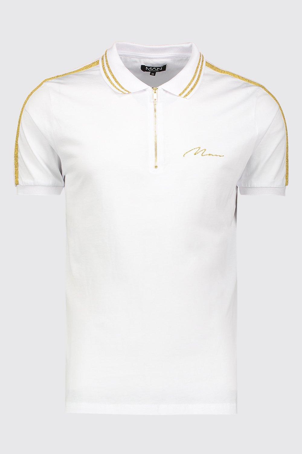 white and gold polo shirt