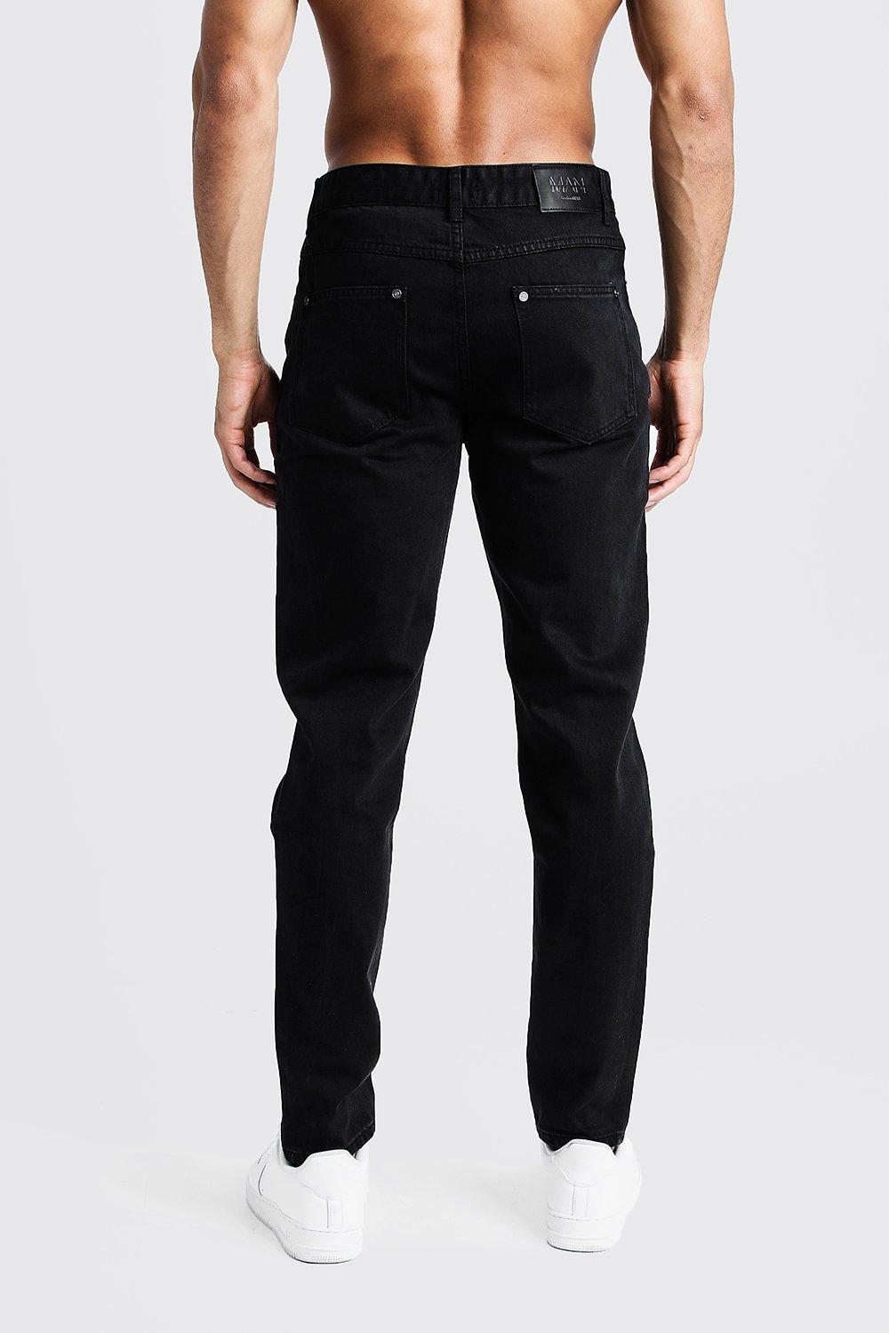 black tapered distressed jeans