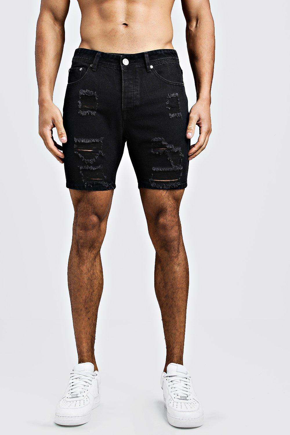 mens black distressed denim shorts