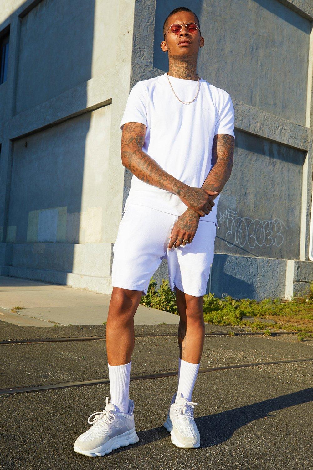 white t shirt and shorts outfit mens