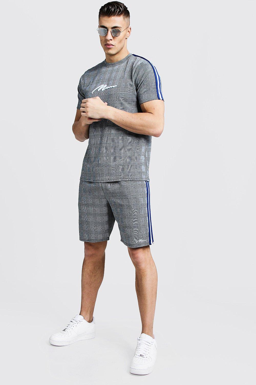 

Фирменная футболка MAN в клетку с лентами + шорты, Grey