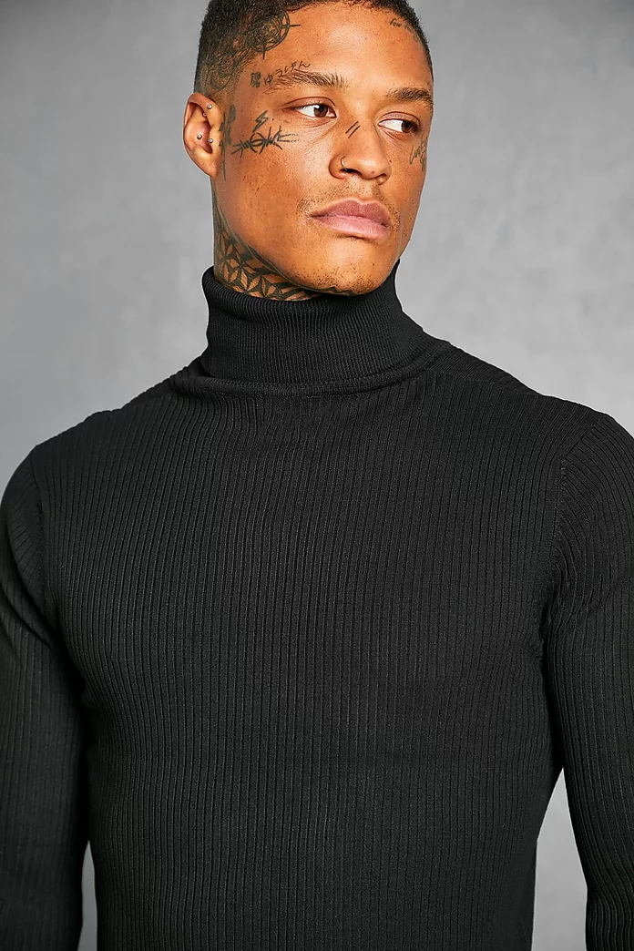 Recycled Regular Roll Neck Ribbed Sweater | boohooMAN USA