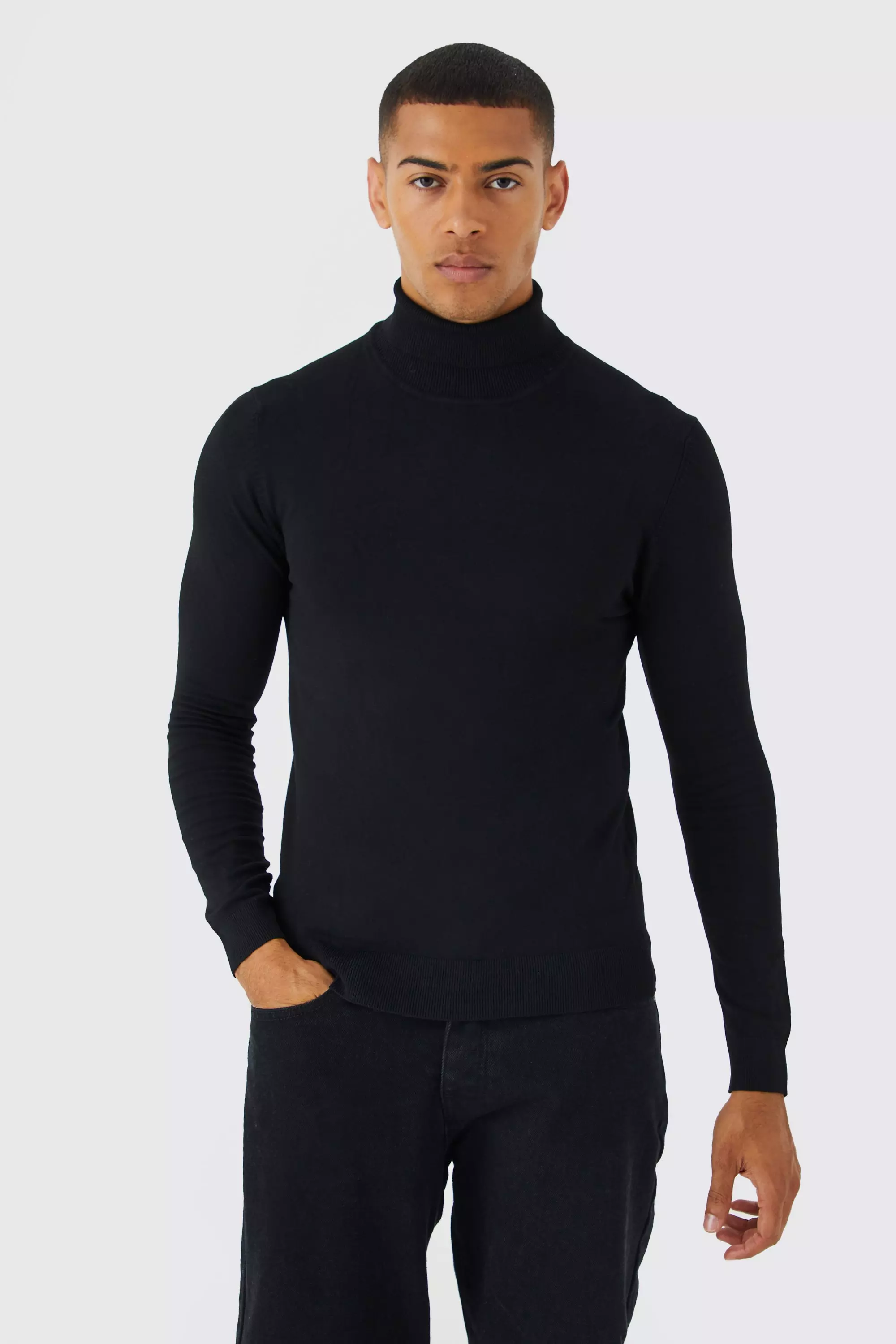 Pull col discount roulé moulant homme