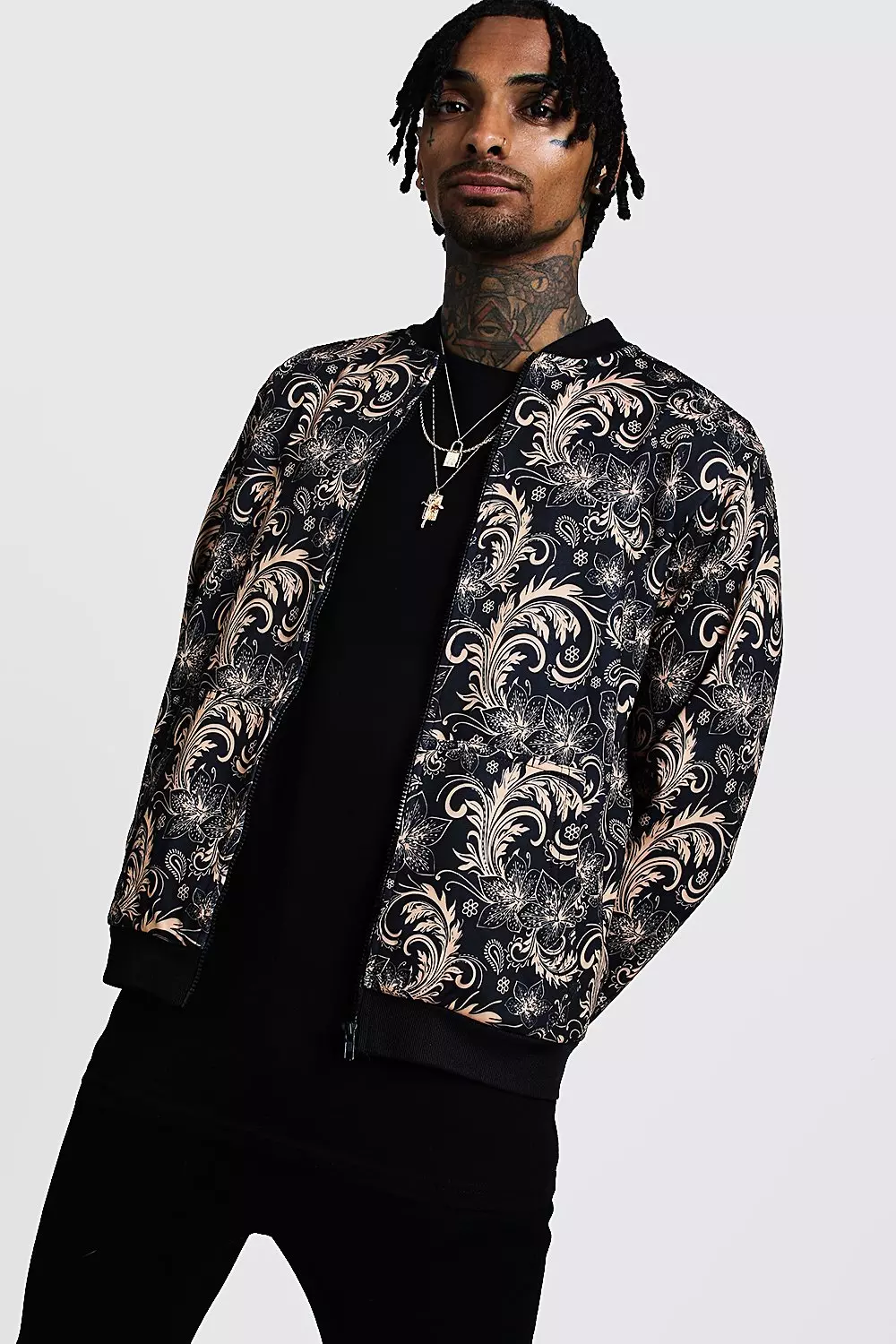 Baroque Print Detail Bomber Jacket | boohooMAN