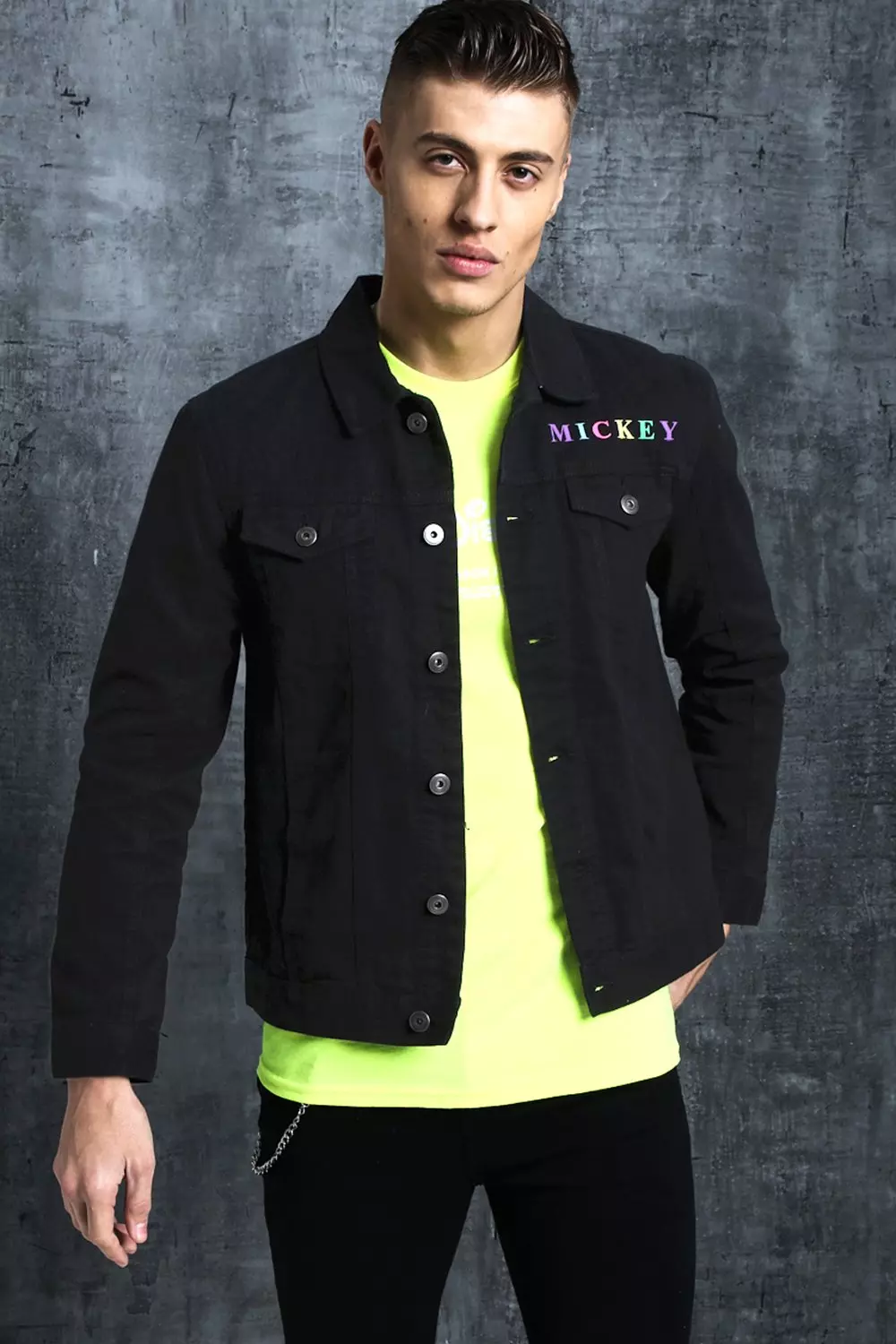 Denim best sale jacket neon