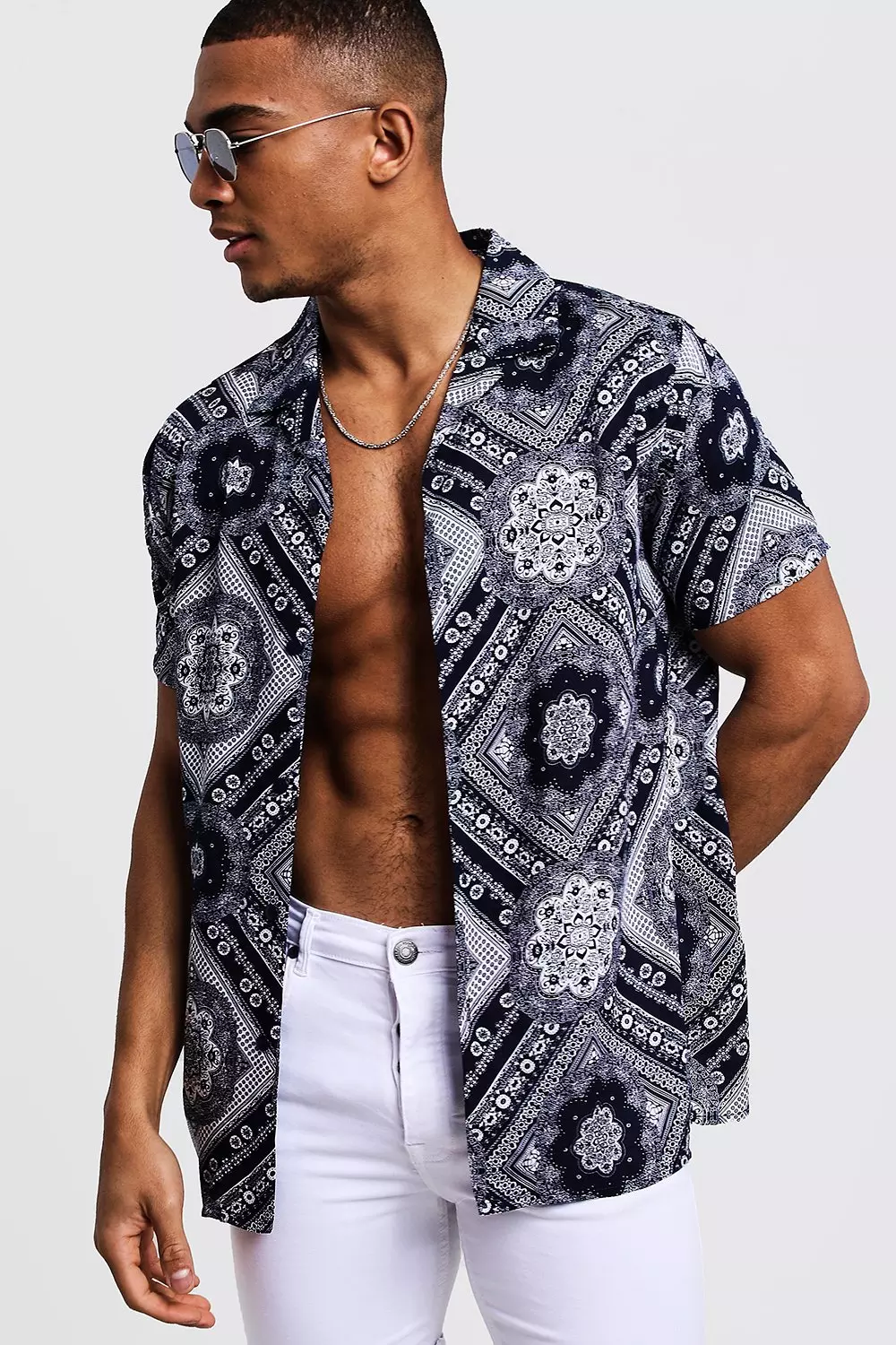 Navy regular fit bandana print revere shirt