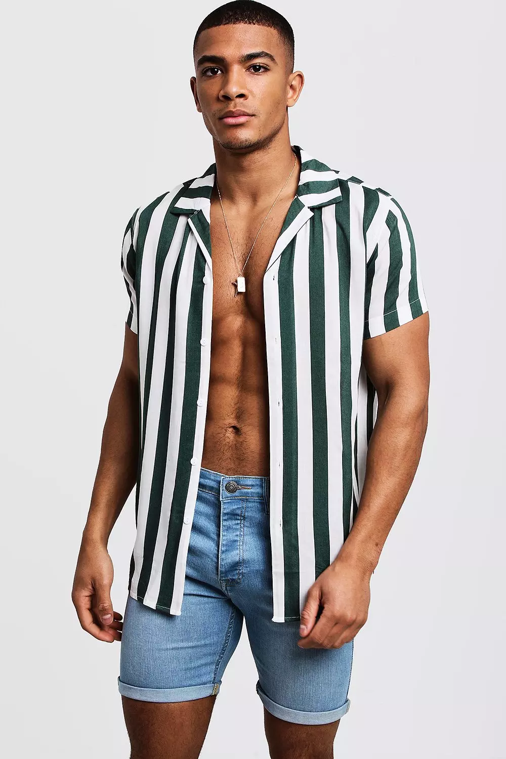 Wide Stripe Short Sleeve Revere Shirt boohooMAN USA