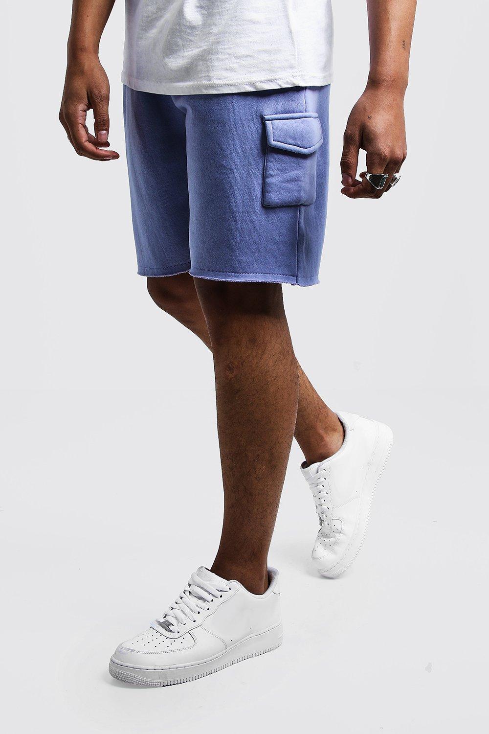 

Mid Length Washed Raw Hem Cargo Short, Pale blue