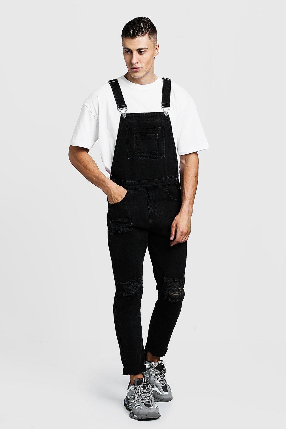 slim ripped denim overalls