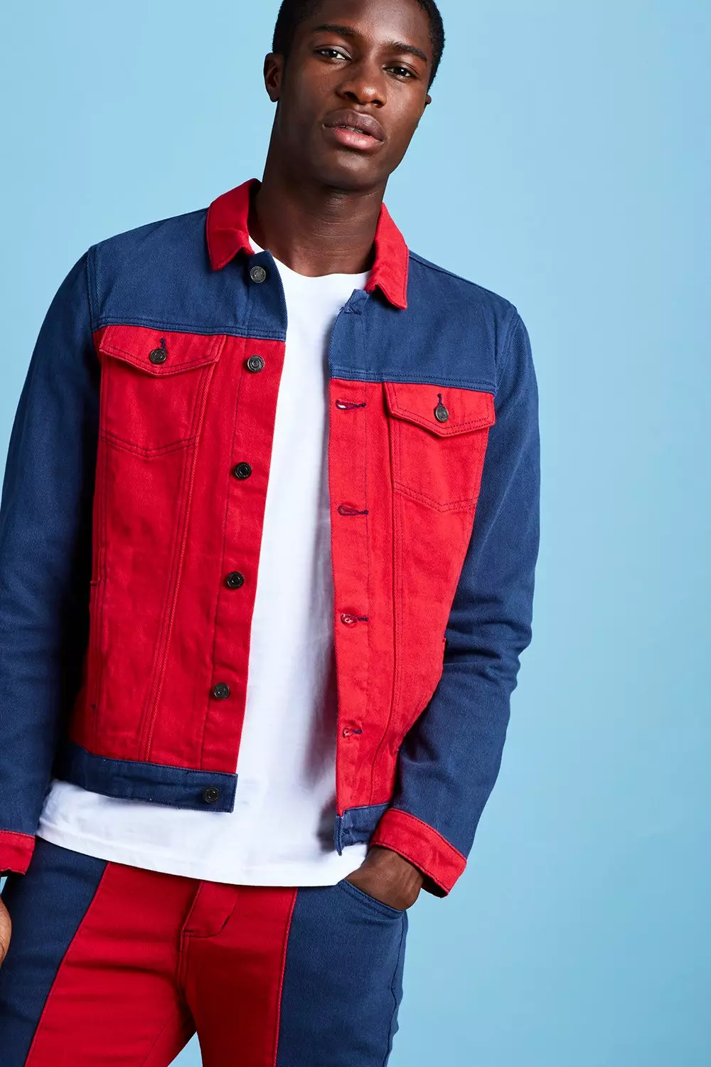 Mens color block denim 2024 jacket