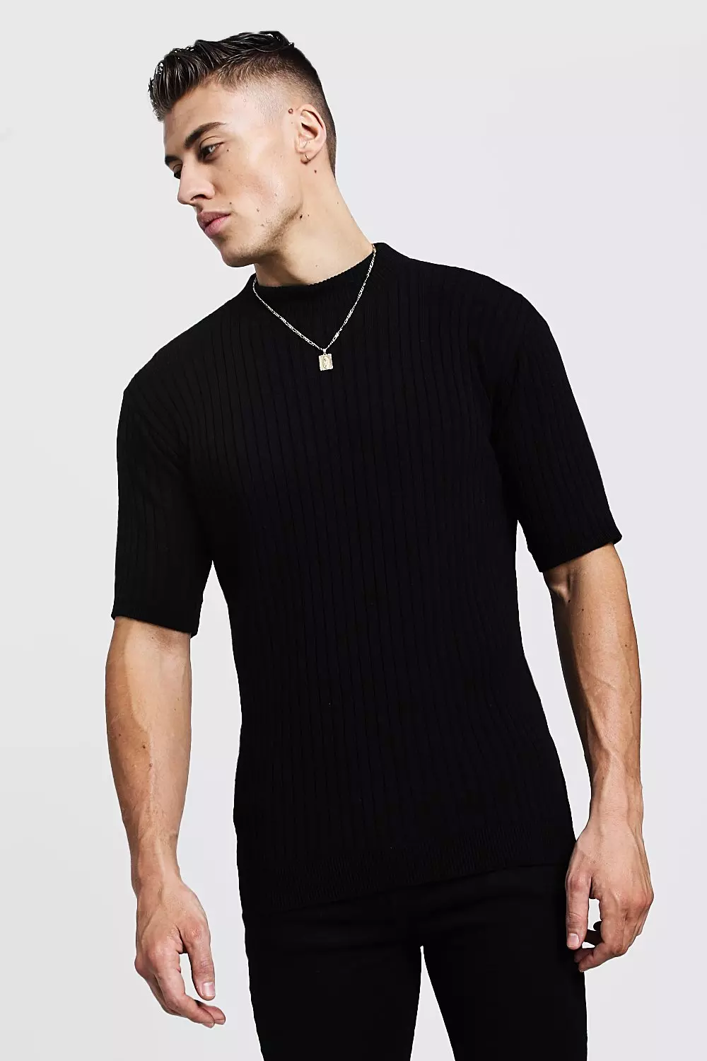 Ribbed Short Sleeve Turtle Neck Knitted T Shirt boohooMAN UK