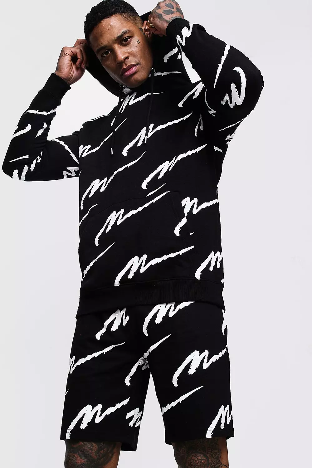 All Over MAN Printed Hooded Short Tracksuit