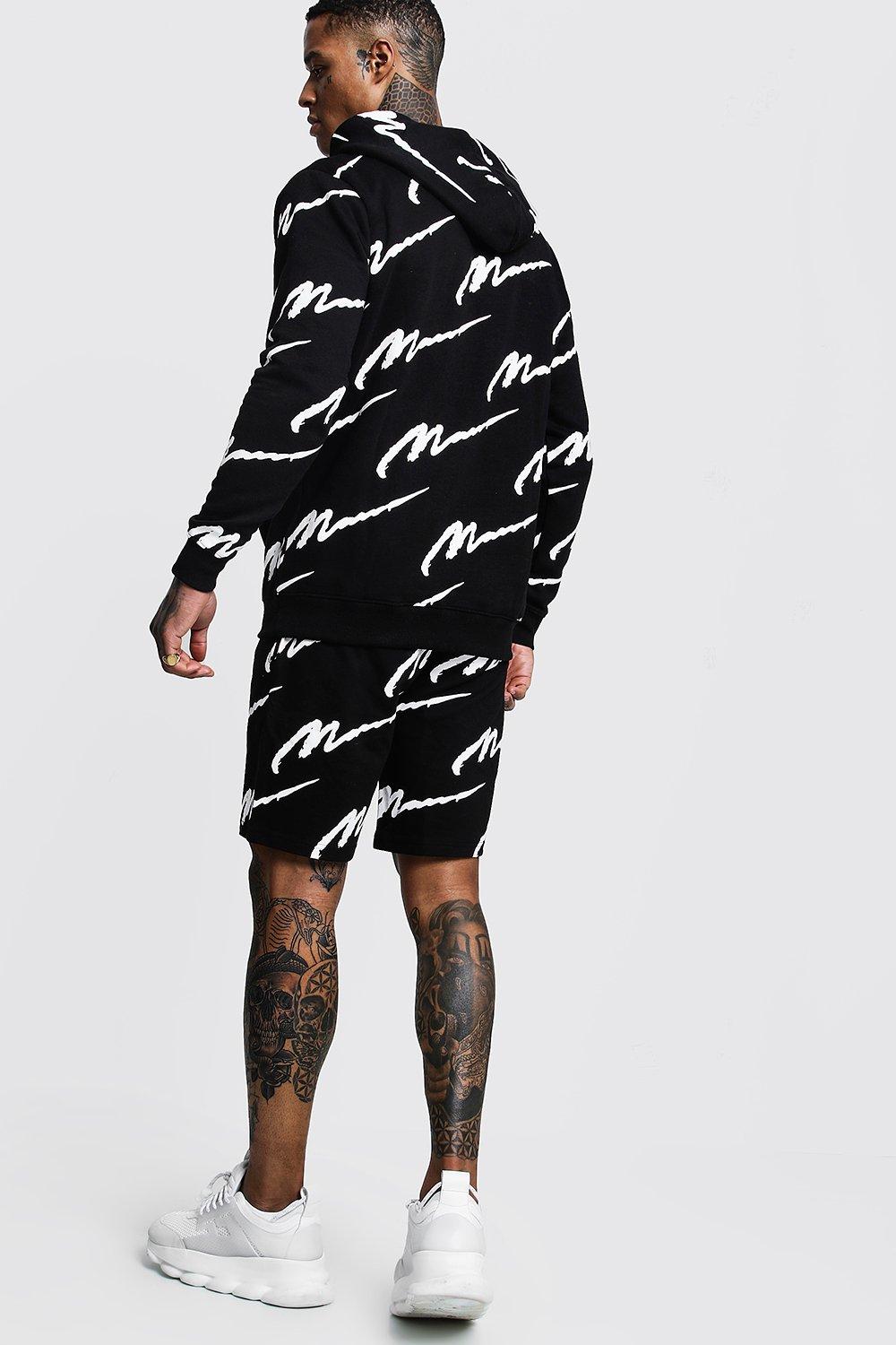 all over man printed hooded short tracksuit