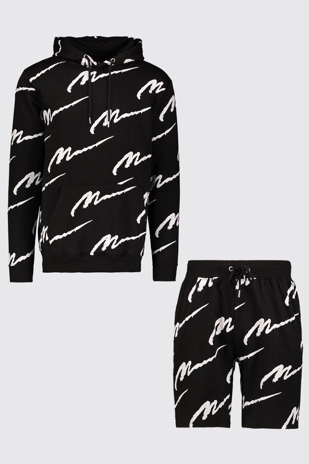 all over man printed hooded tracksuit black