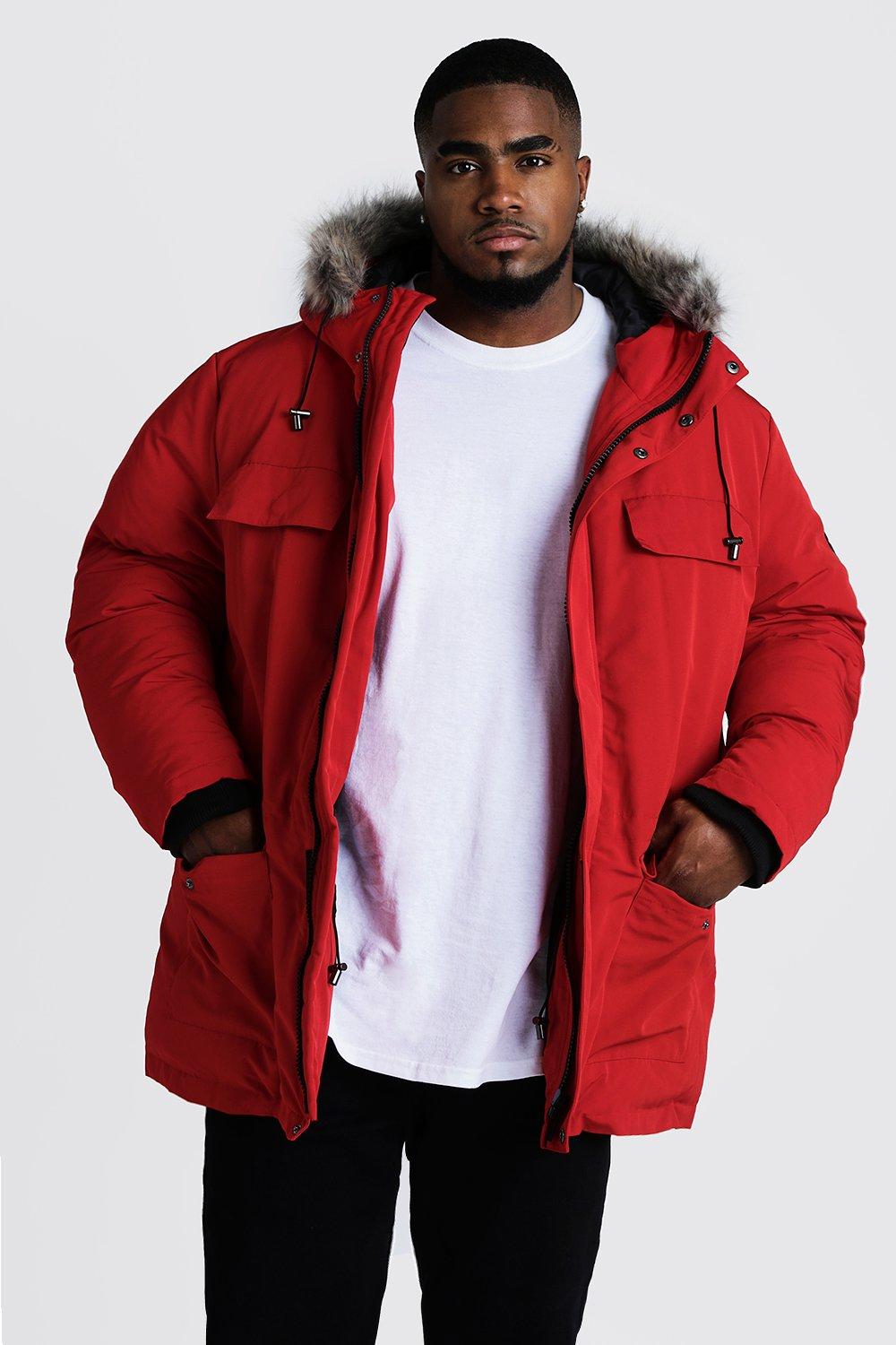 red faux fur hooded jacket