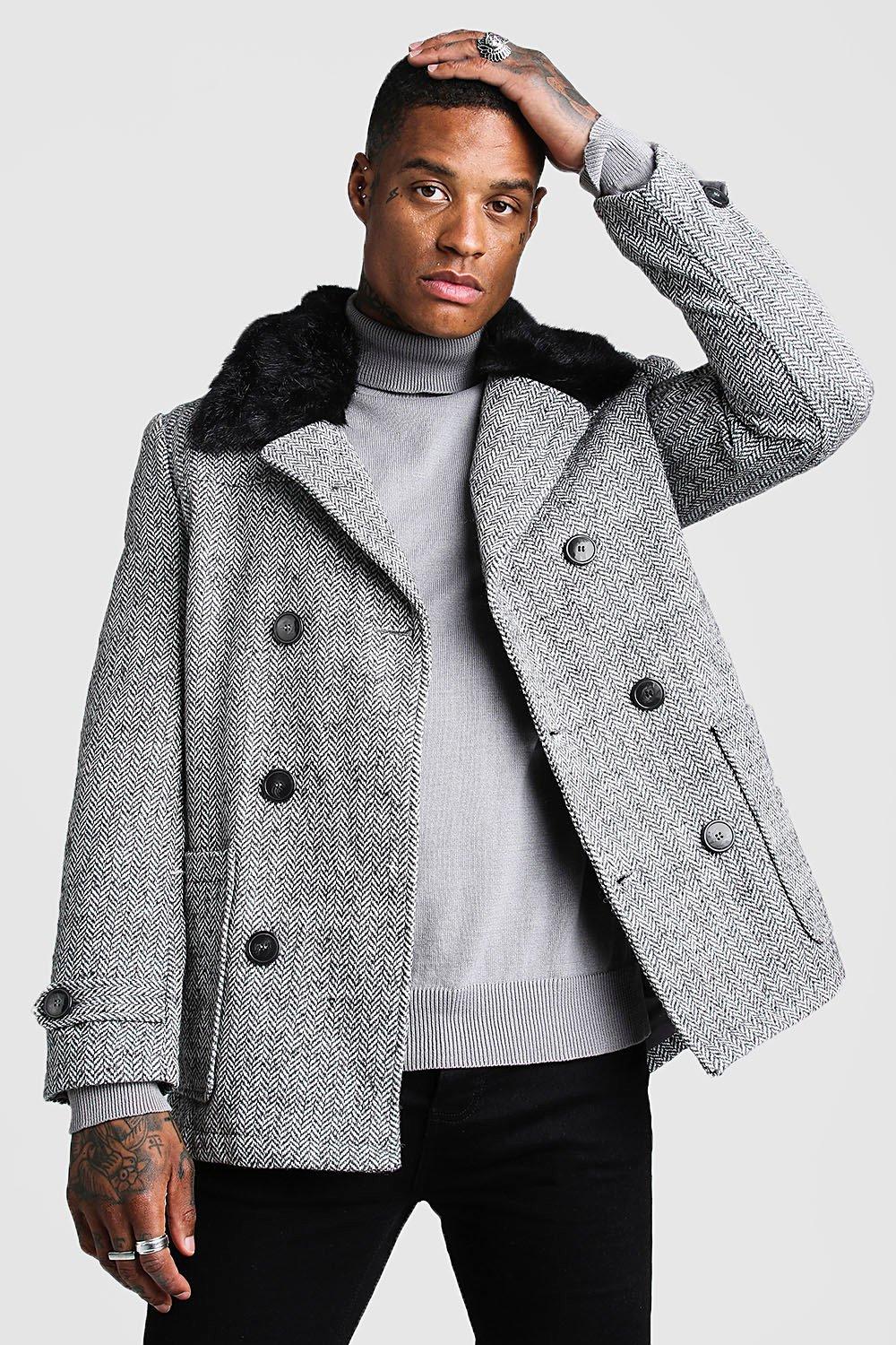 Faux Fur Collar Wool Mix Pea Coat Boohooman