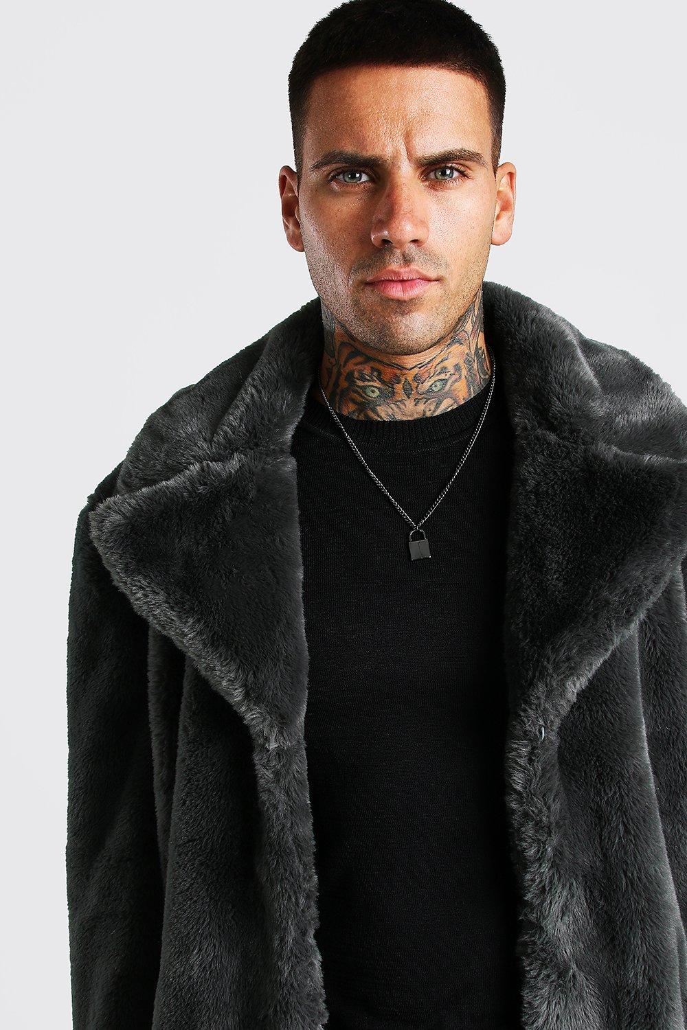 Mens Slate Faux Fur Overcoat alternative image