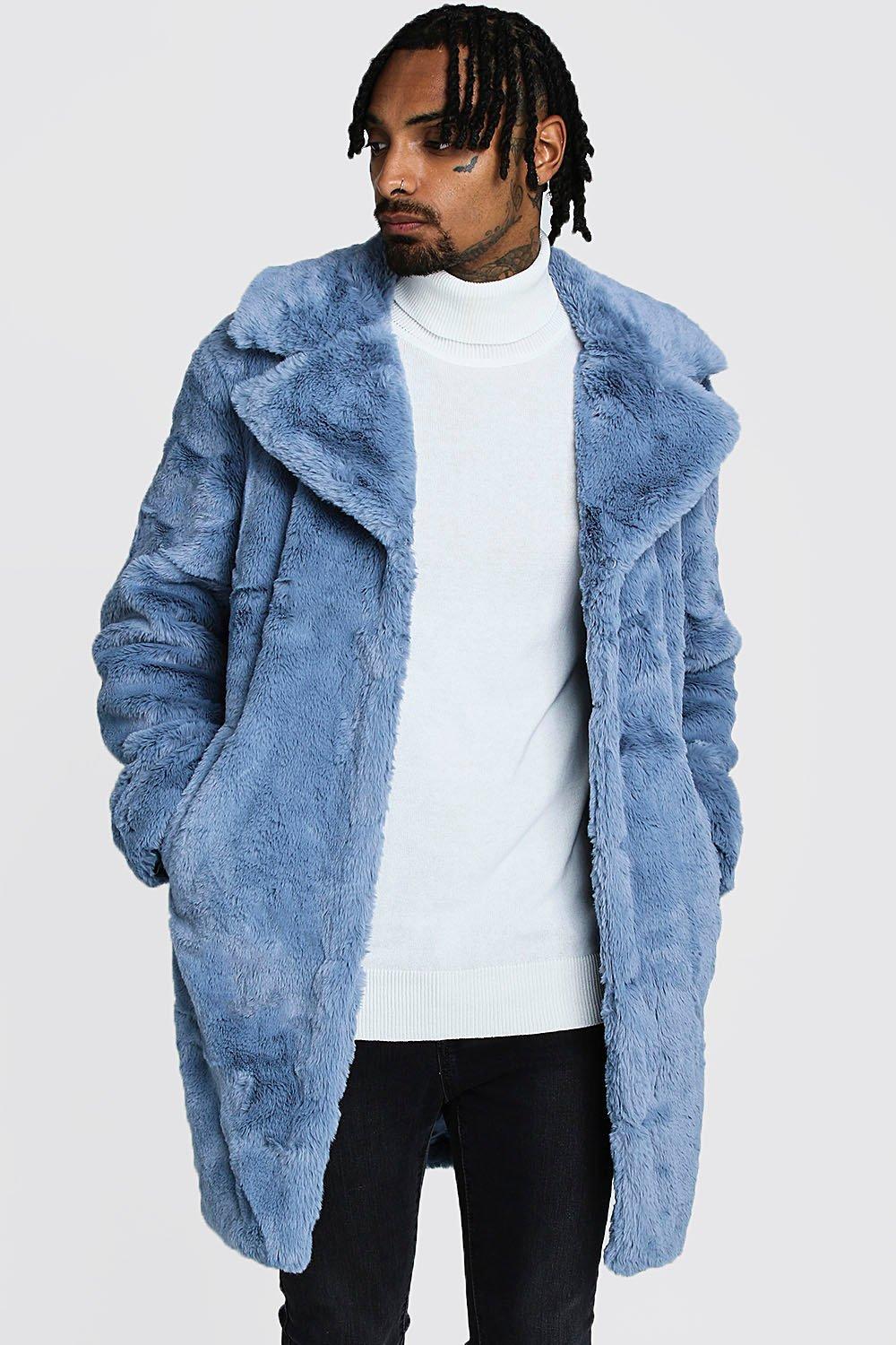 Mens Powder blue Faux Fur Overcoat