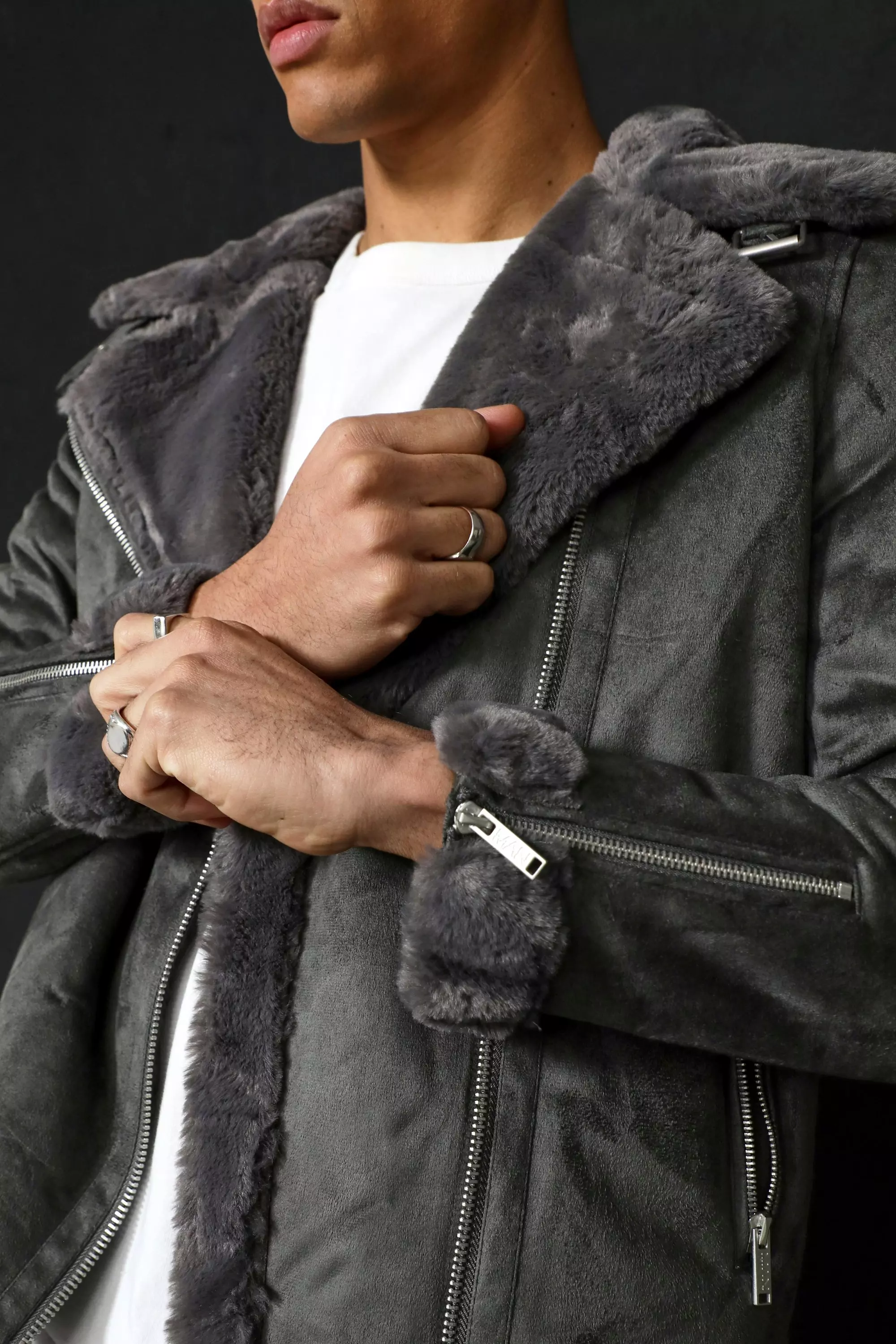 Boohooman aviator jacket with shop faux fur lining in black