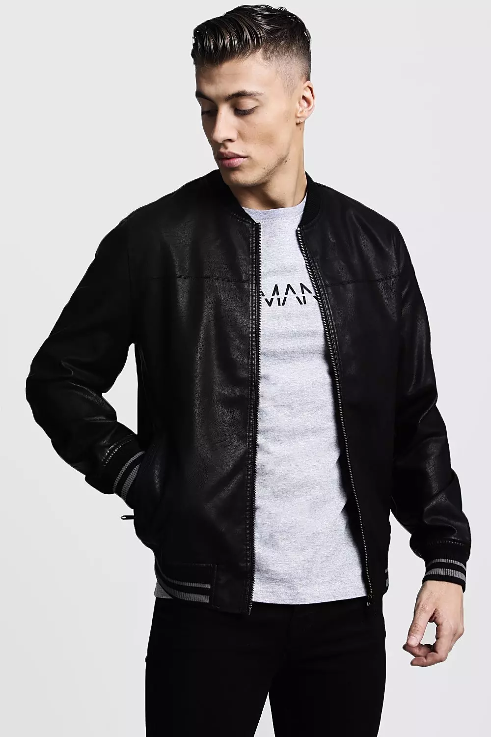 Black faux leather 2025 bomber jacket mens