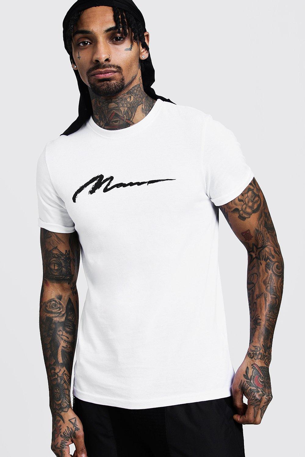 

MAN Paint Printed Rolled Sleeve T-Shirt, White