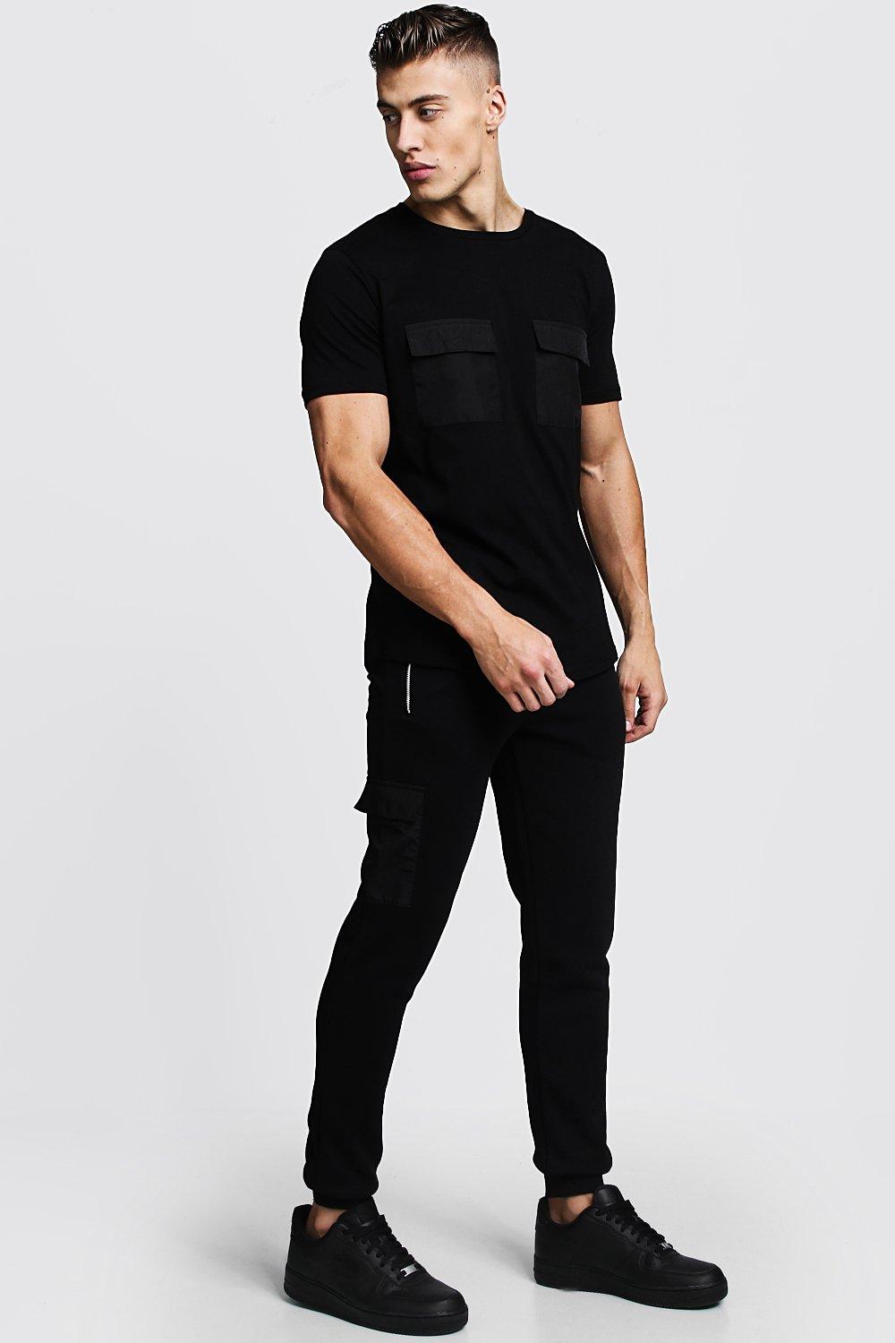 

Curve Hem T-Shirt Tracksuit With Utility Pockets, Black