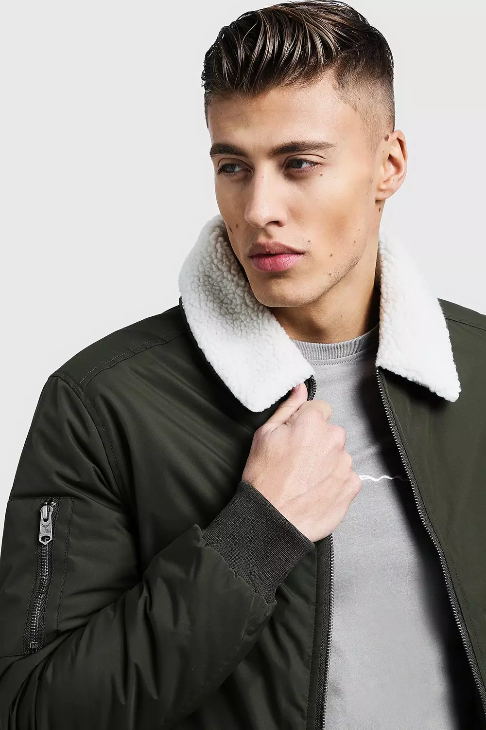 Borg Collar Padded Utility Bomber boohooMAN USA