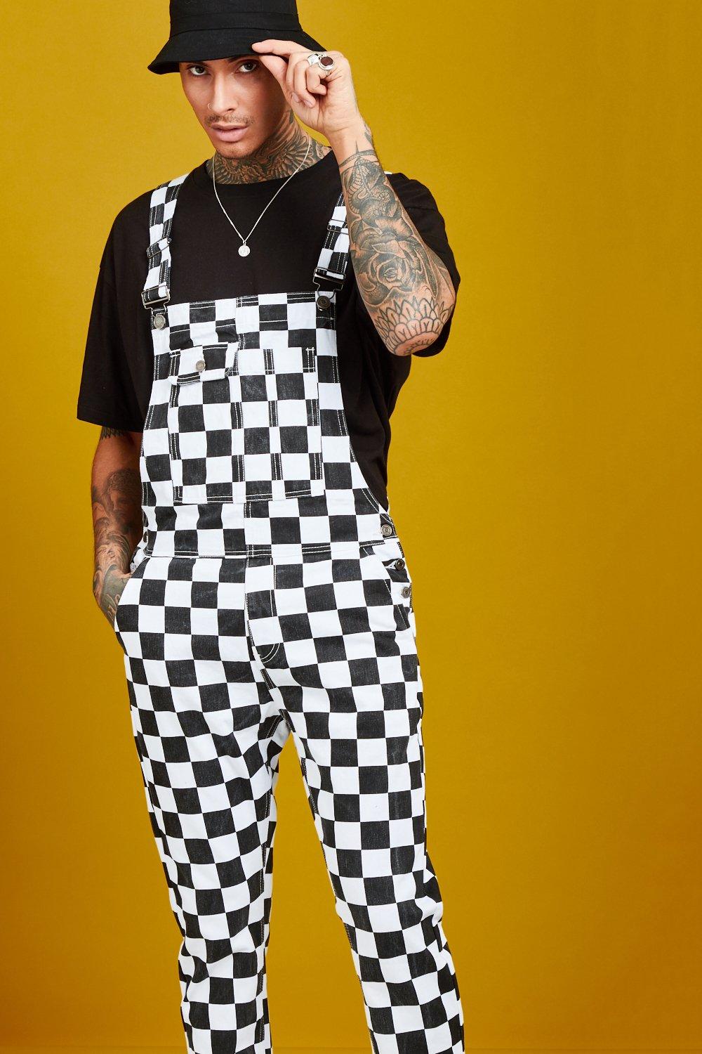 black and white checkered dungarees