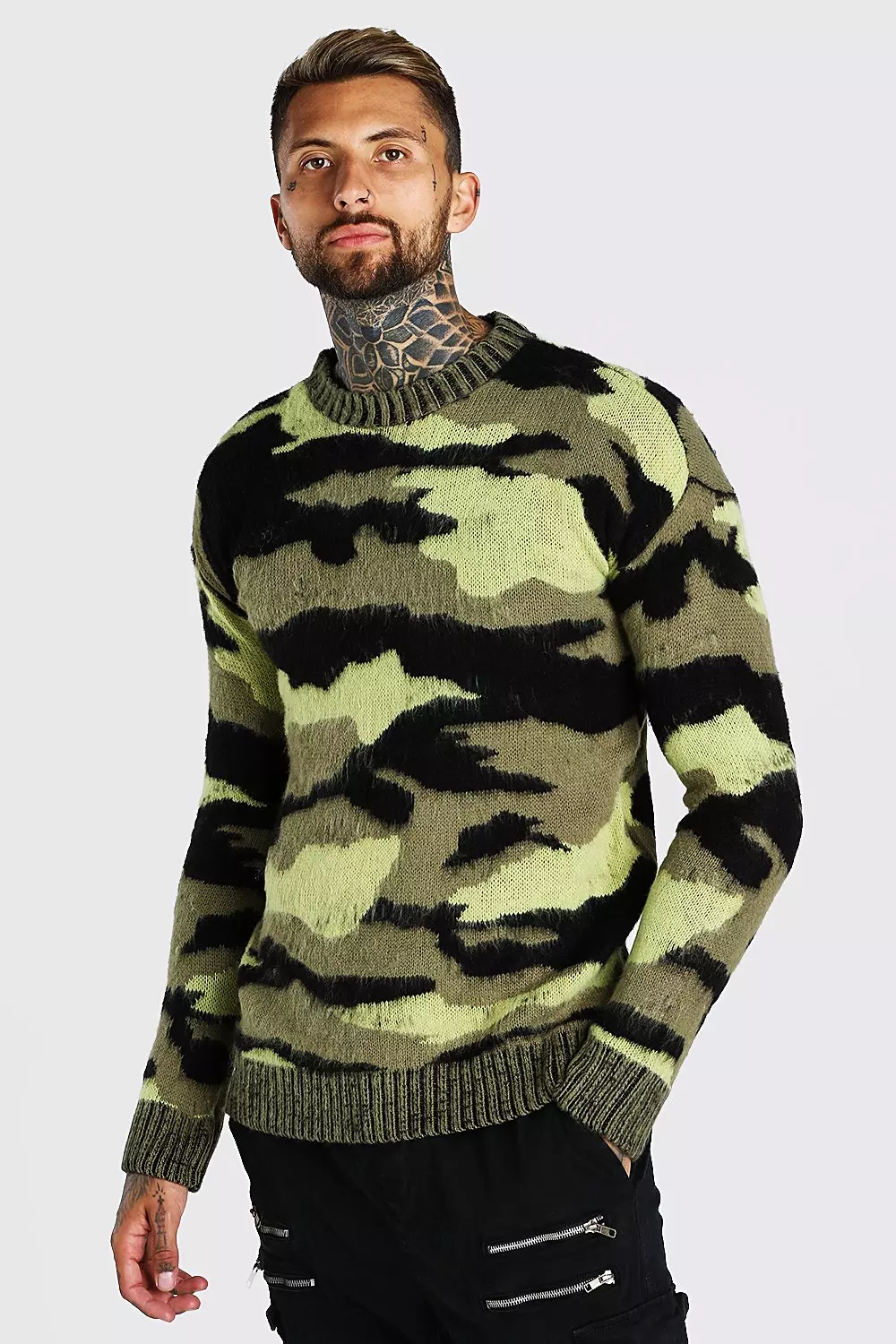 Brushed Knitted Camo Drop Shoulder Sweater