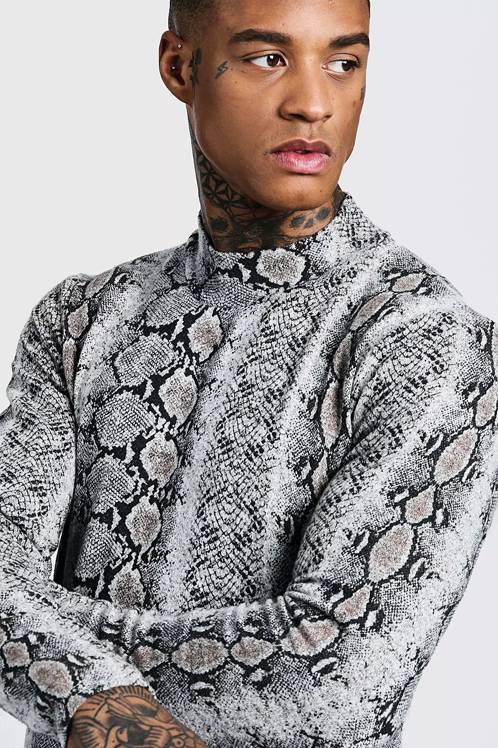 Muscle Fit Snake Print Turtleneck Jumper boohooMAN USA