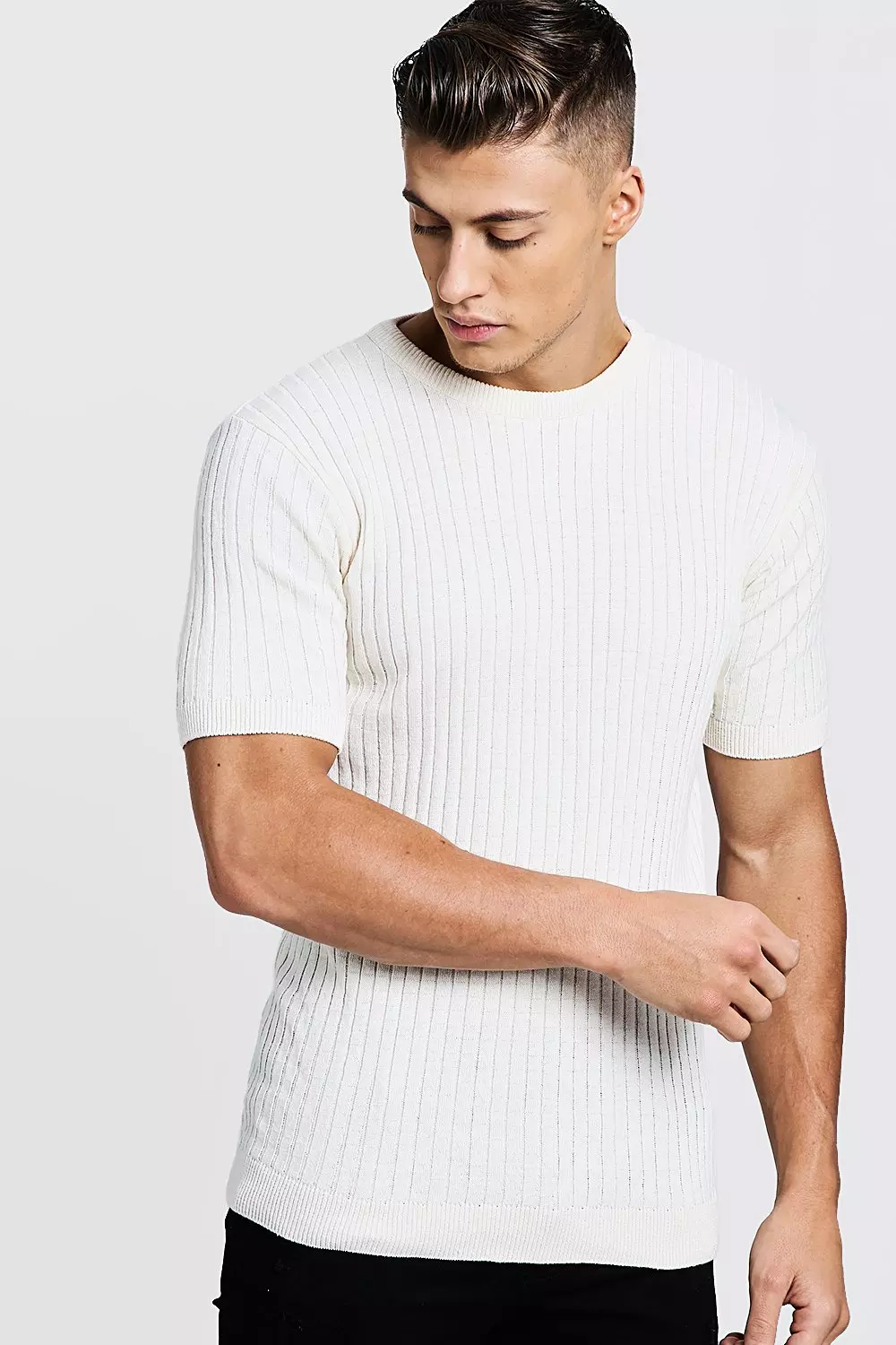 Muscle Fit Short Sleeve Ribbed Knitted T-Shirt