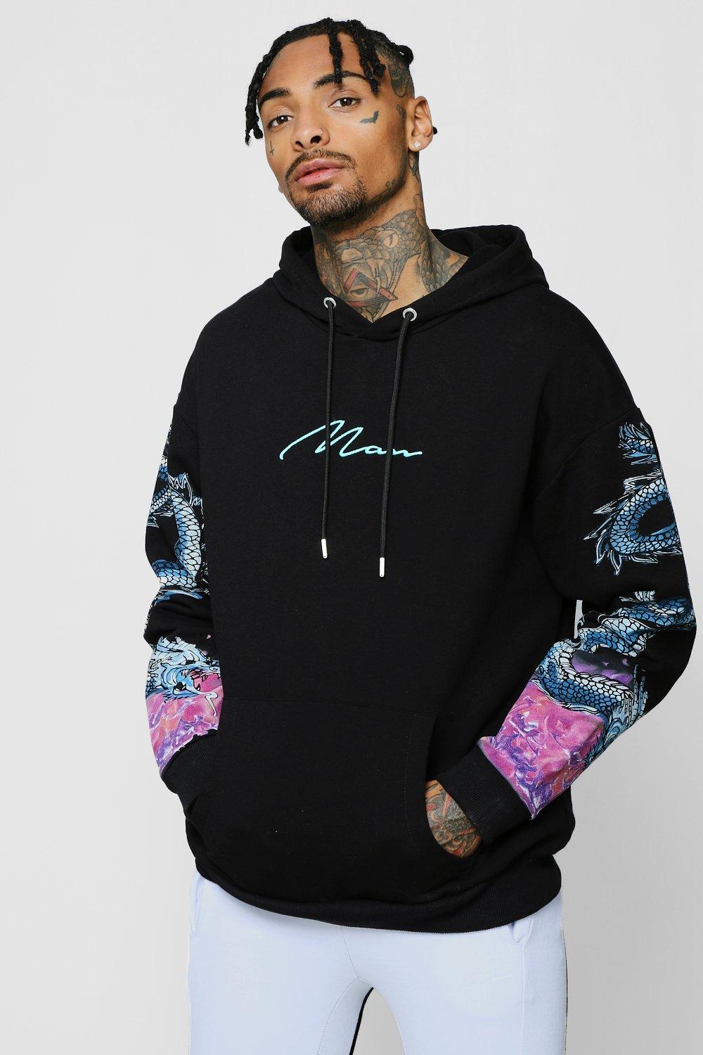 boohooman hoodie with man embroidery in black