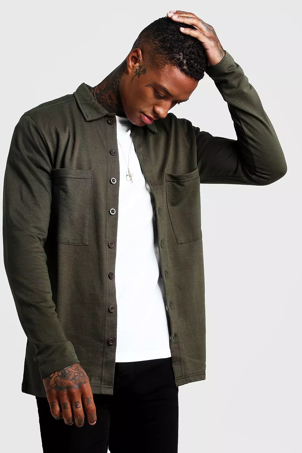 Jersey Utility Button Through Overshirt | boohooMAN UK