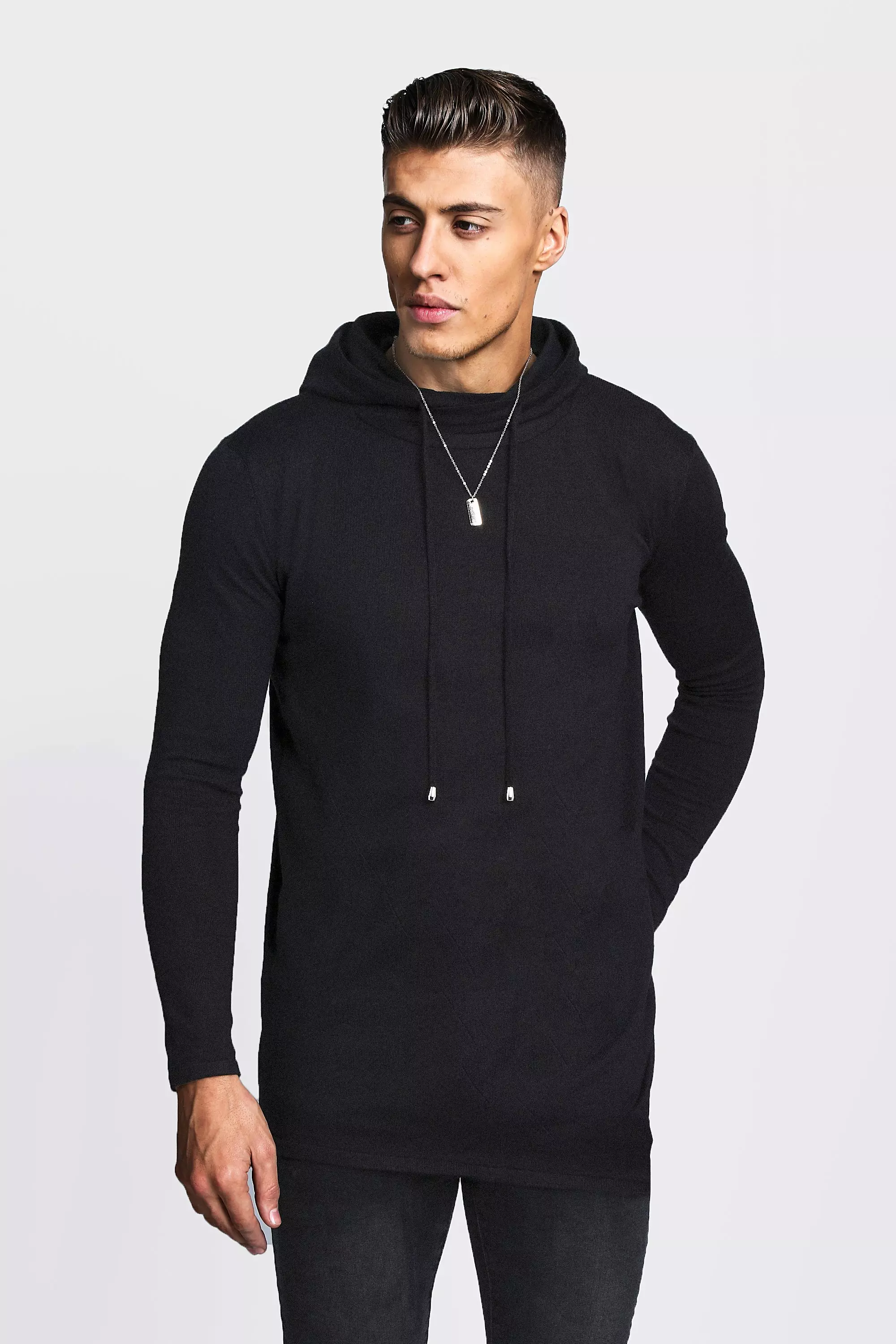 Knitted Longline Hoodie boohooMAN USA