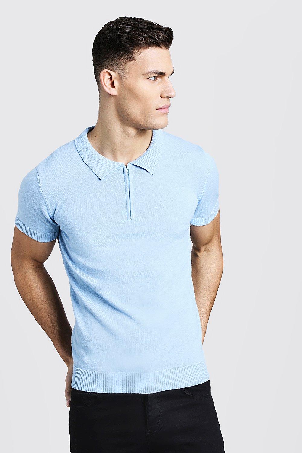 

Short Sleeve Zip Polo With Ribbed Collar, Powder blue