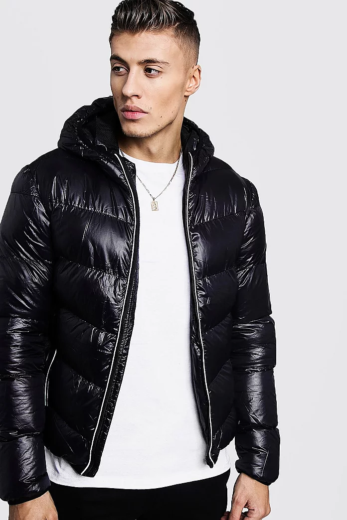 Hooded Puffer Jacket With Reflective Piping