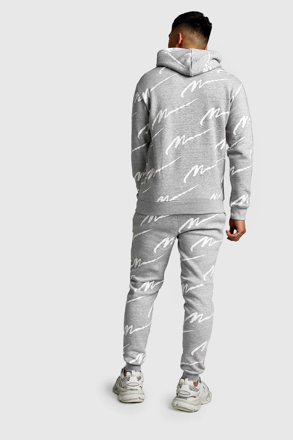 all over man printed hooded tracksuit grey