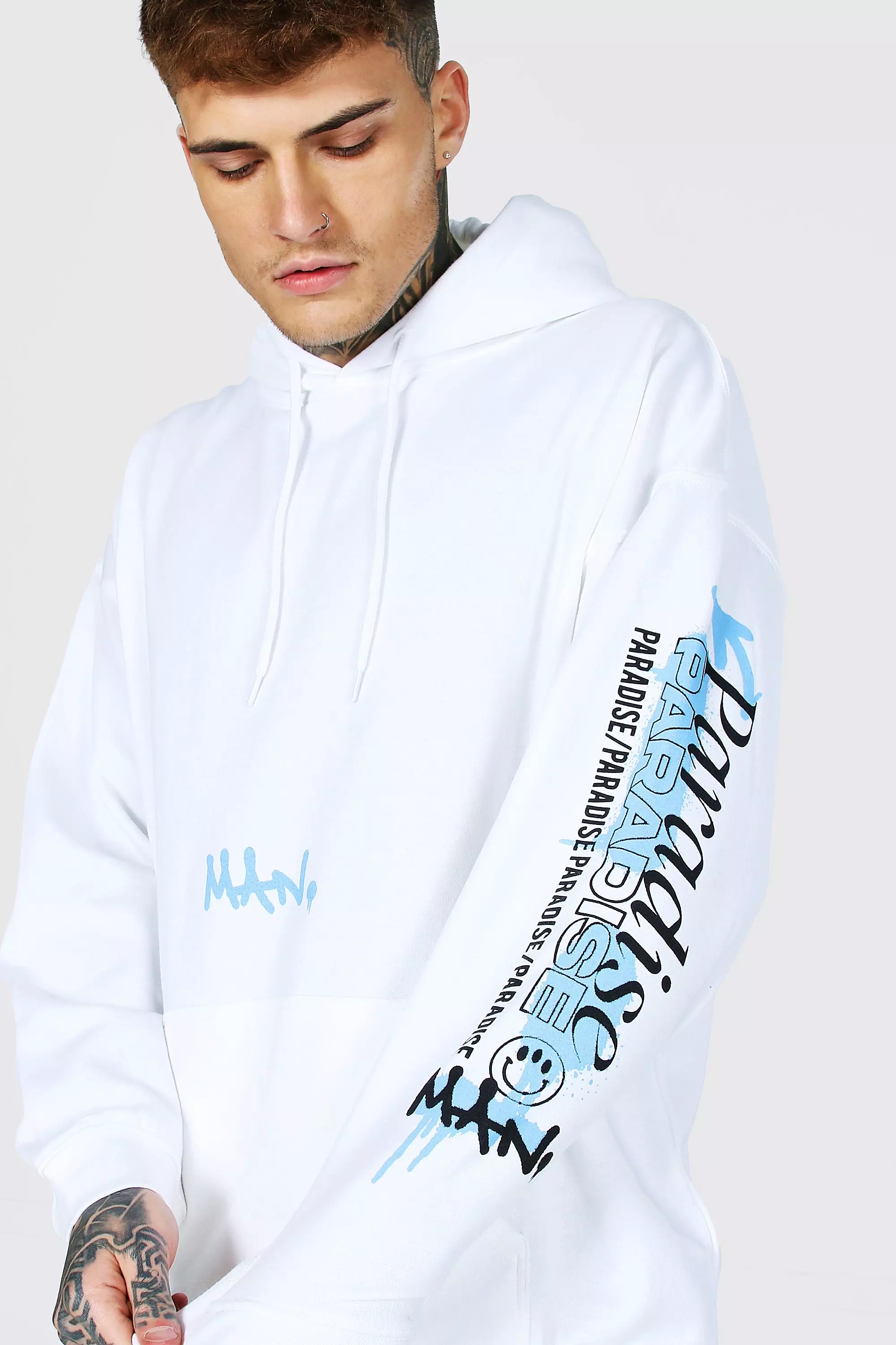 Oversized Paradise Sleeve Print Hoodie boohooMAN USA