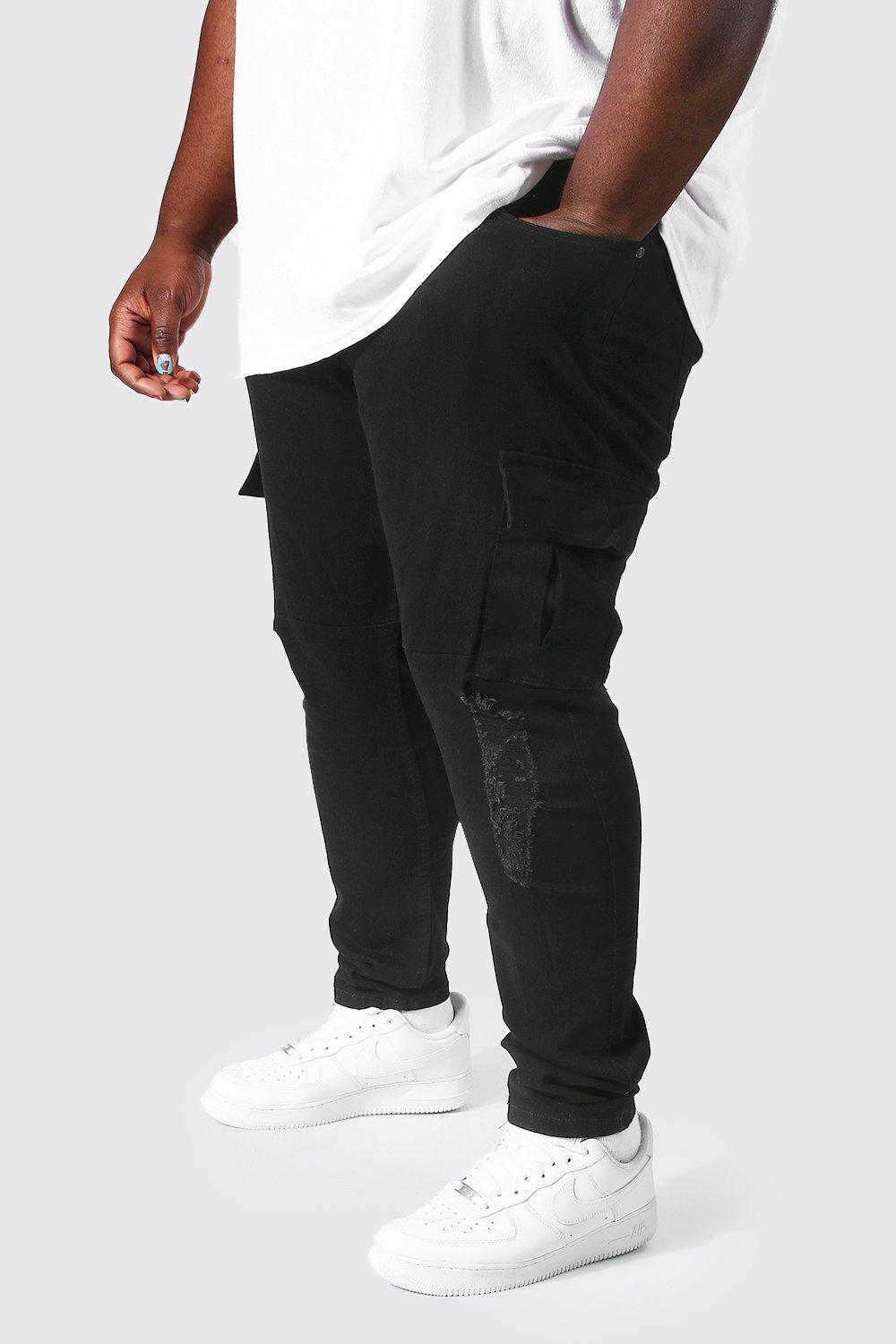 Mens Black Plus Skinny Fit Ripped Knee Cargo Jeans, Black