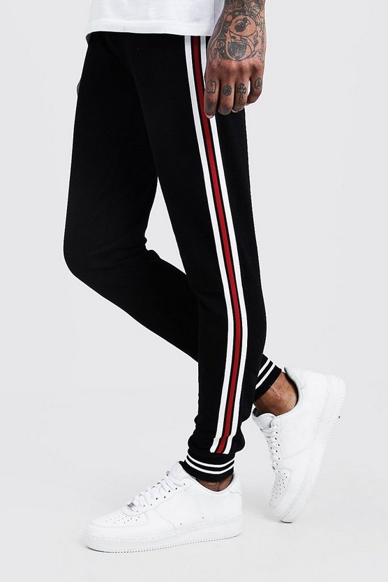 Jersey Cuffed Joggers With Side Tape | Boohoo