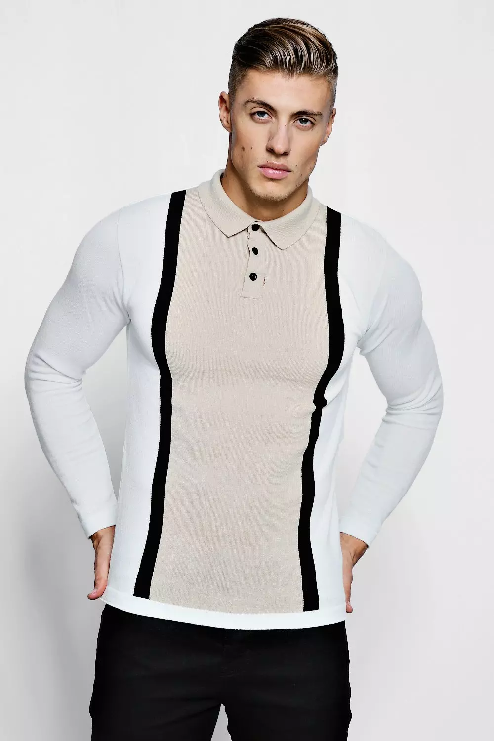 boohooMAN Long Sleeve Muscle Fit Colour Block Knit Polo