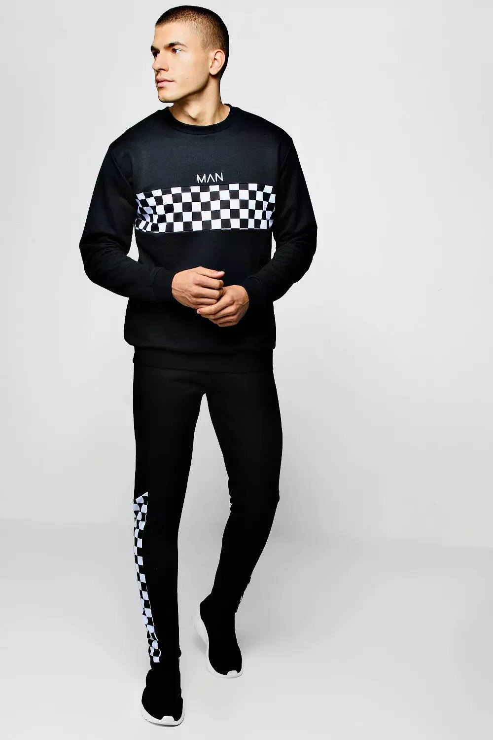 Checkerboard Panel Sweater Man Tracksuit | boohooMAN USA