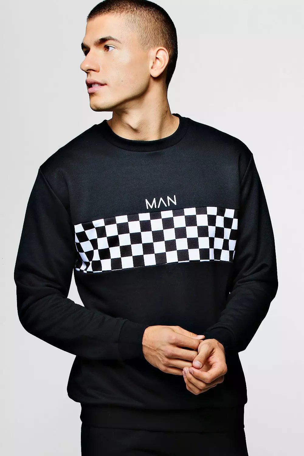 Checkerboard Panel Sweater Man Tracksuit | boohooMAN USA