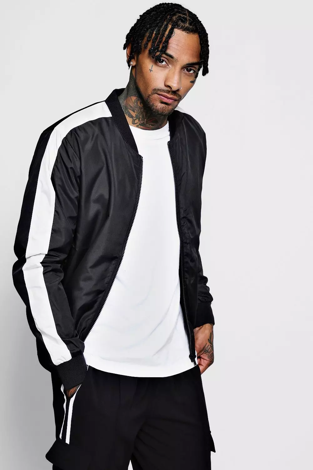 Striped sleeve clearance bomber jacket