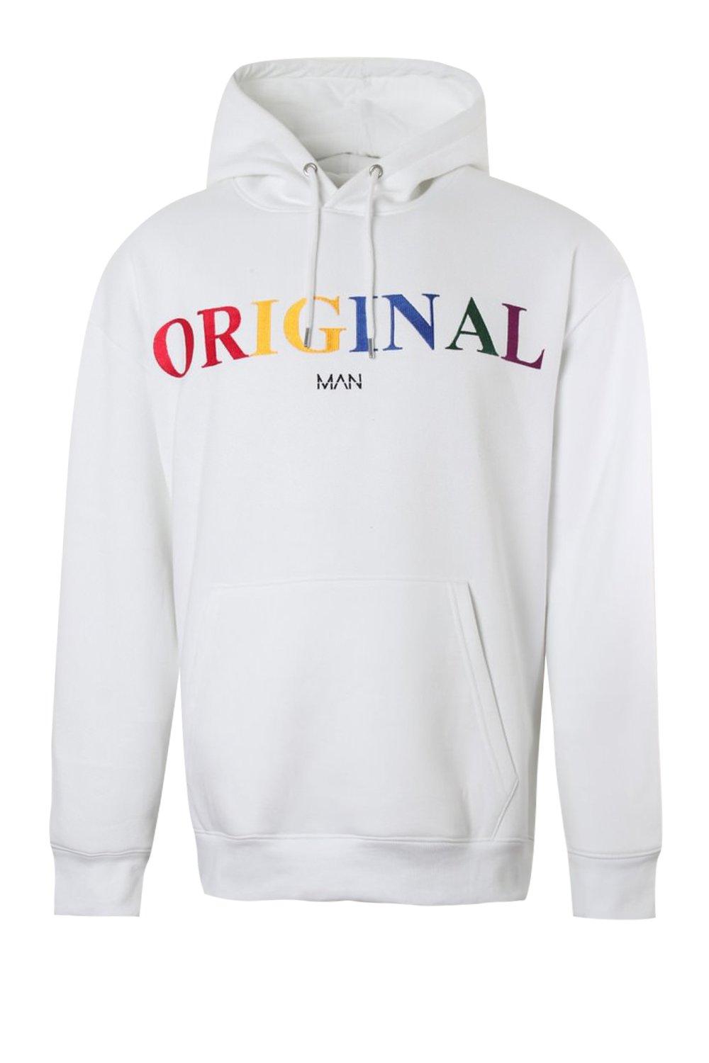 white hoodie with rainbow