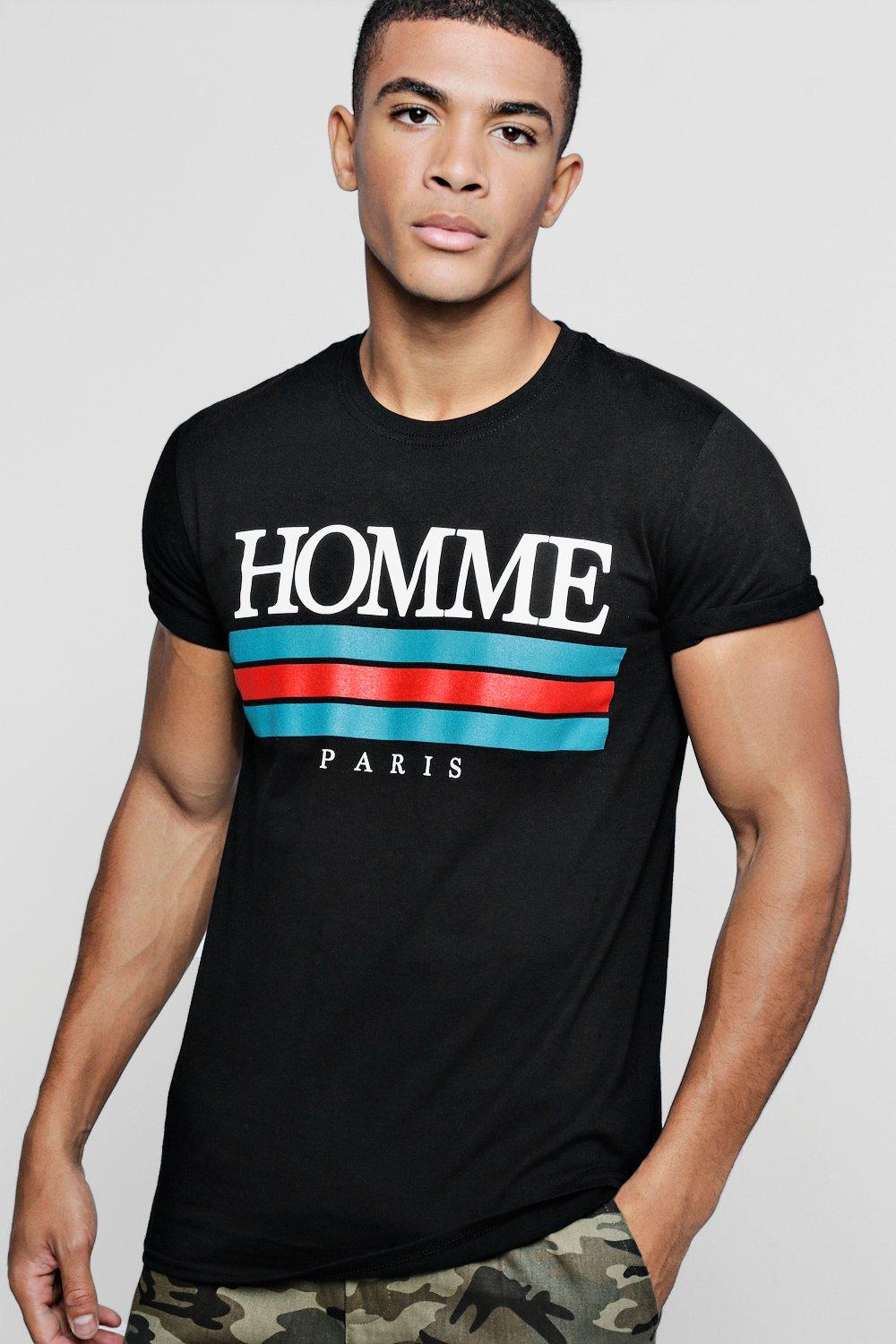 T-Shirt imprimé à manches retroussées Homme Paris | boohoo