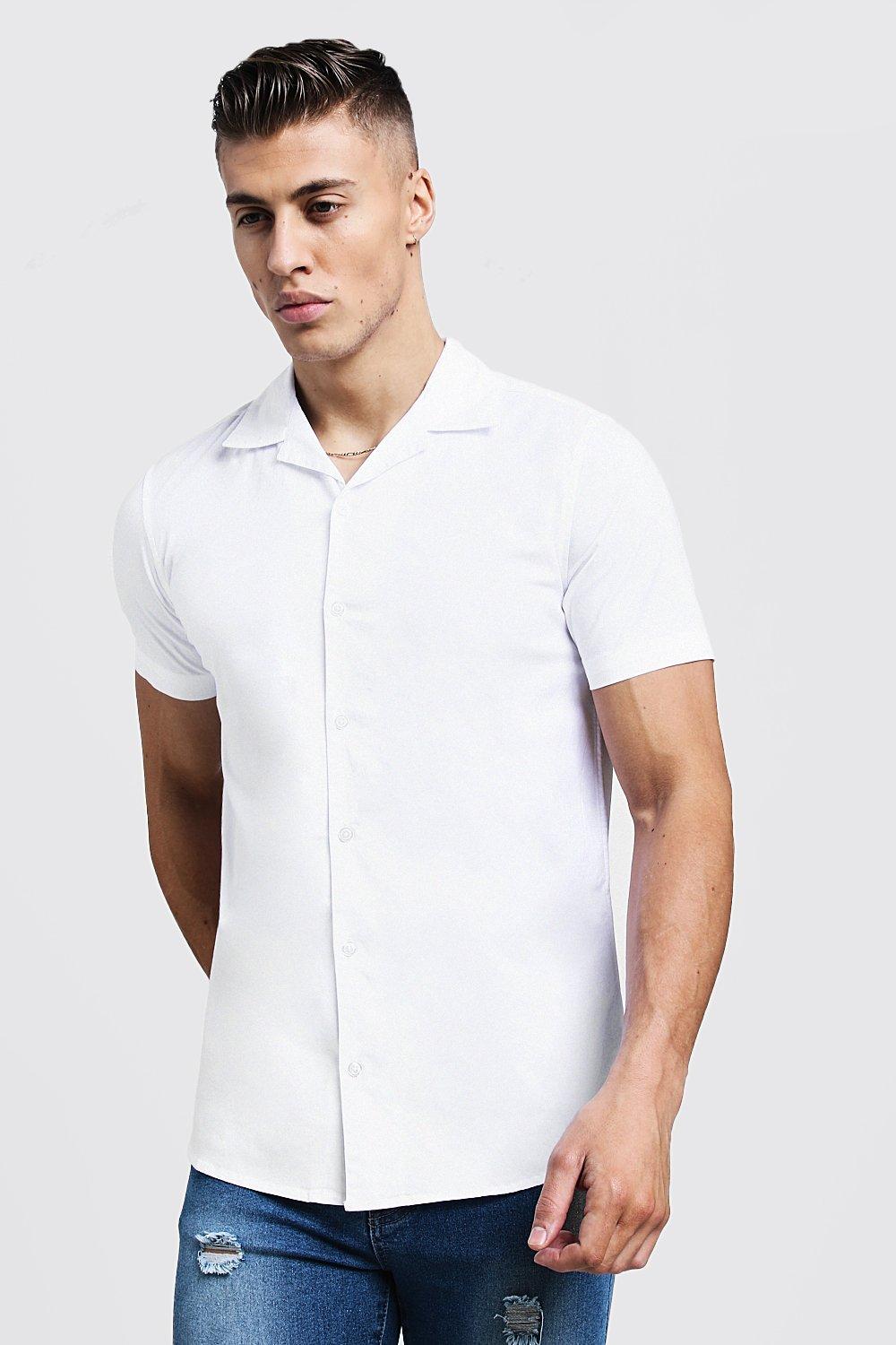 Muscle Fit Revere Collar Short Sleeve Shirt | Boohoo