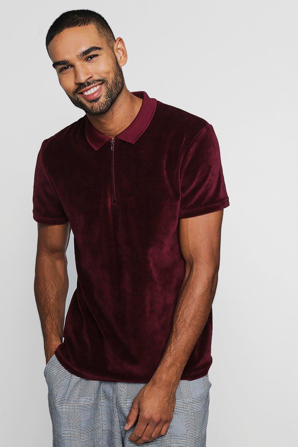 Velour Polo With Zip Placket | boohooMAN